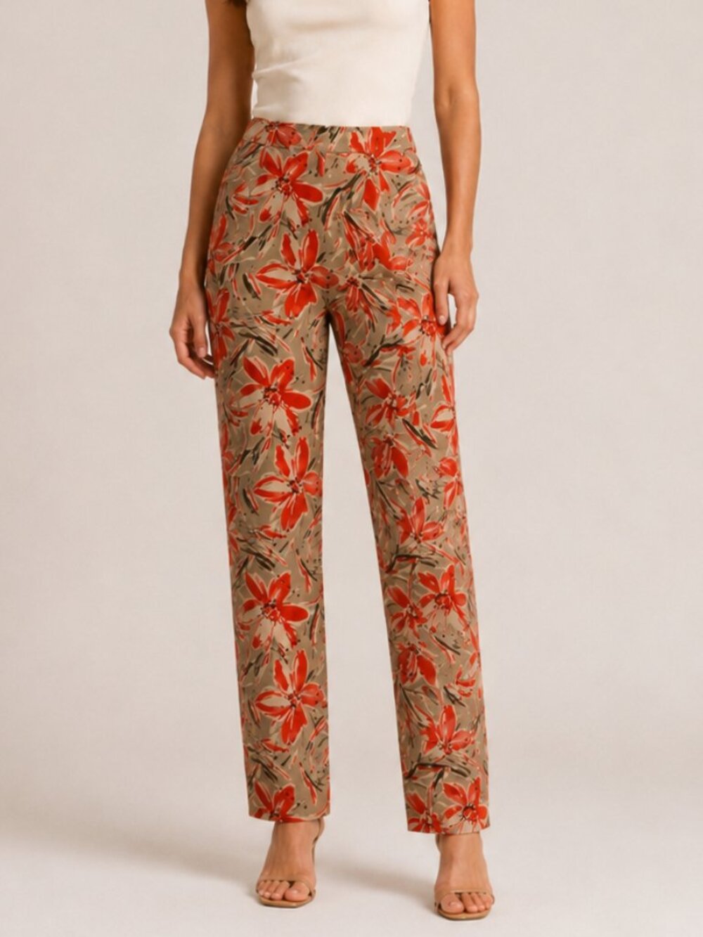 Adrianna Papell Beige Red Floral Beaded 100% Silk Trousers Size 10